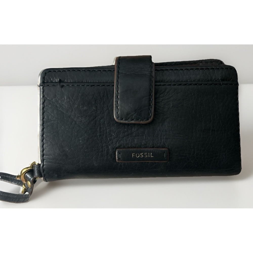 Fossil Black Leather Wristlet Wallet ID Card Holder Zip Coin Pocket